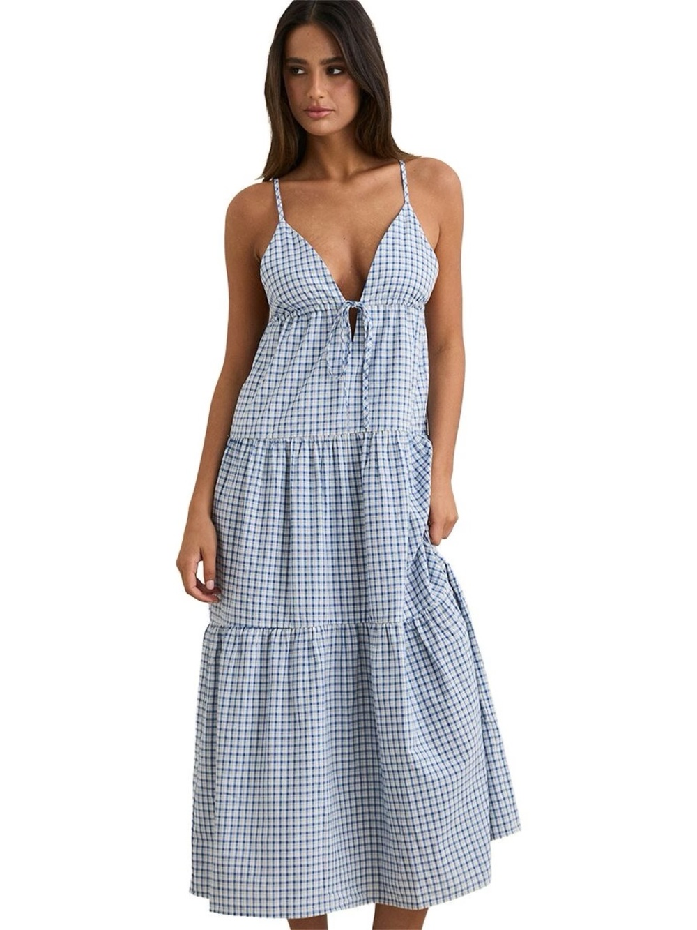 NWT Rhythm Blue Checkered Jaci Tiered Maxi Dress Size L
